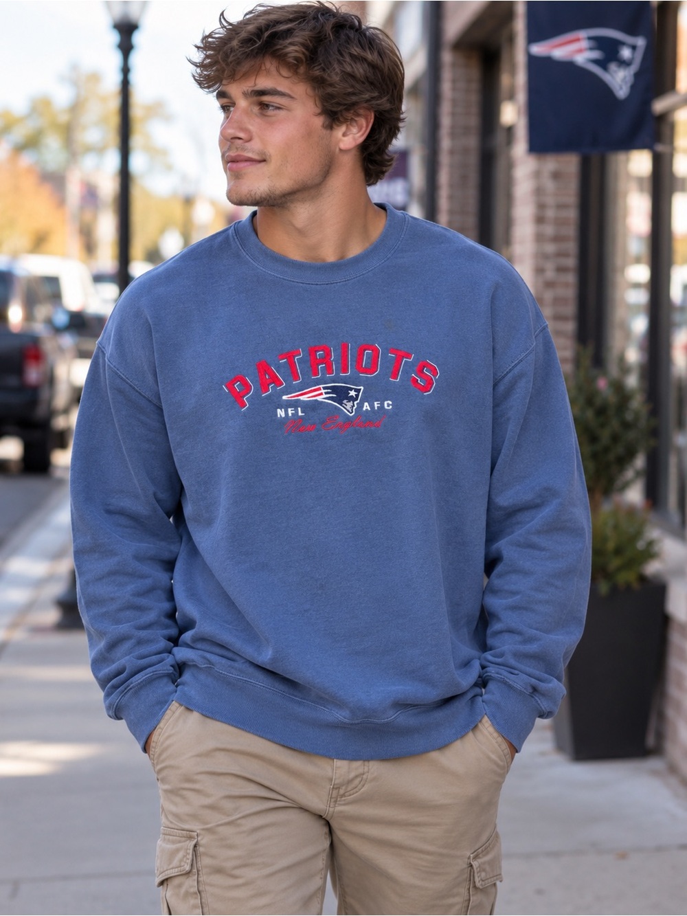 NFL 2005 New England Patriots Blue Crewneck Sweatshirt with Red Logo